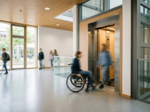 Moderner Aufzug in einem hellen Schulflur, im Vordergrund unscharfe Personen – Symbolbild zur geplanten Erneuerung der Aufzugsanlage am Jan-Joest-Gymnasium Kalkar