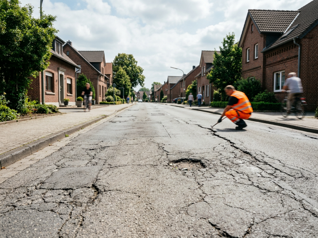 Symbolbild: Sanierungsbedürftige Straße mit Rissen und Schlaglöchern in einer Wohnstraße am Niederrhein, Thema Straßenerhaltung in Kalkar