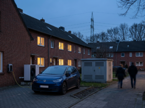 Symbolbild: Wohnstraße am Winterabend mit ladendem E-Auto, Wärmepumpe und Stromleitungen, Thema Netzkapazität in Kalkar